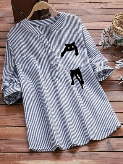Chemise à manches longues avec col en V en coton imprimées de chats