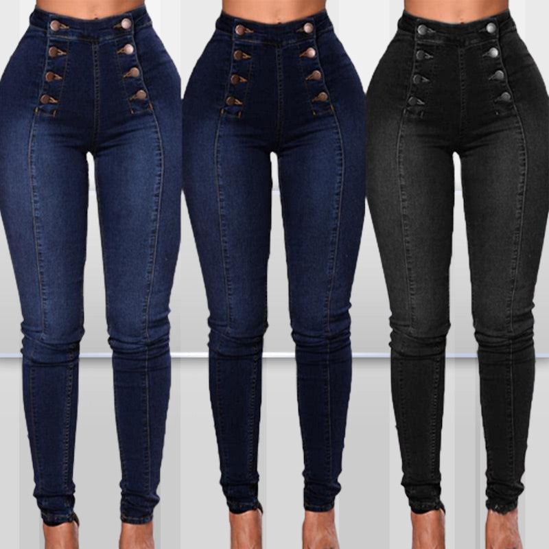 Achetez-en 2, livraison gratuite Jean skinny taille haute à double boutonnage-3