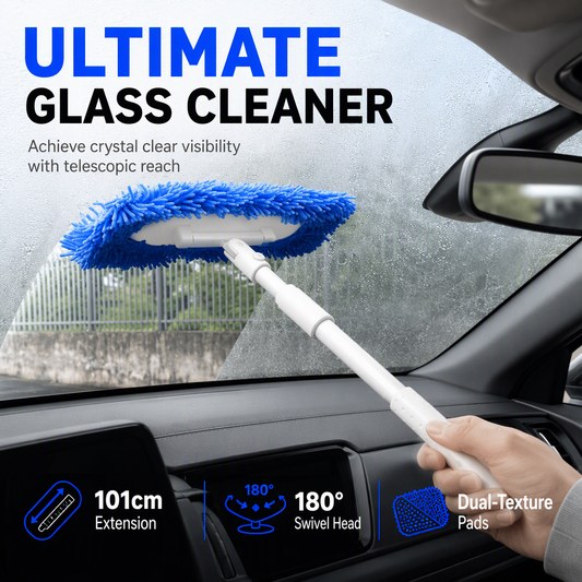Extendable Windshield & Window Cleaner with 180° Pivoting Head and 2 Microfiber Covers