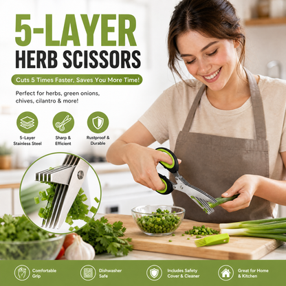 ✂️🥬Stainless Steel Five-Blade Kitchen Shears – Cuts even, fine shreds in one go, easily handling scallions, cilantro, chili peppers, and seaweed
