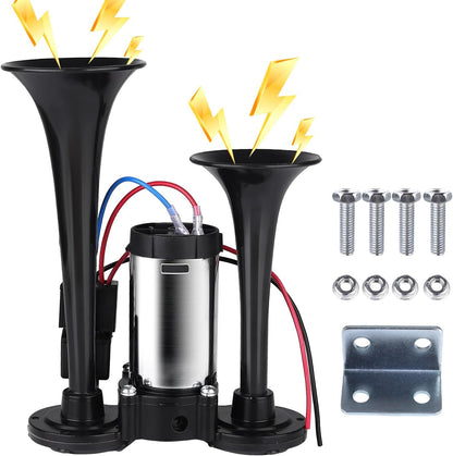 2026 Upgraded 12V 130DB Air Horn Dual Horn, Horn Kit with Air Compressor,Dual Electric Air Horns Kit with Compressor for Vehicles Trucks Pickup Trains Lorrys SUVs Cars Boats (12V SilverBlack) Alarm for Home Security,