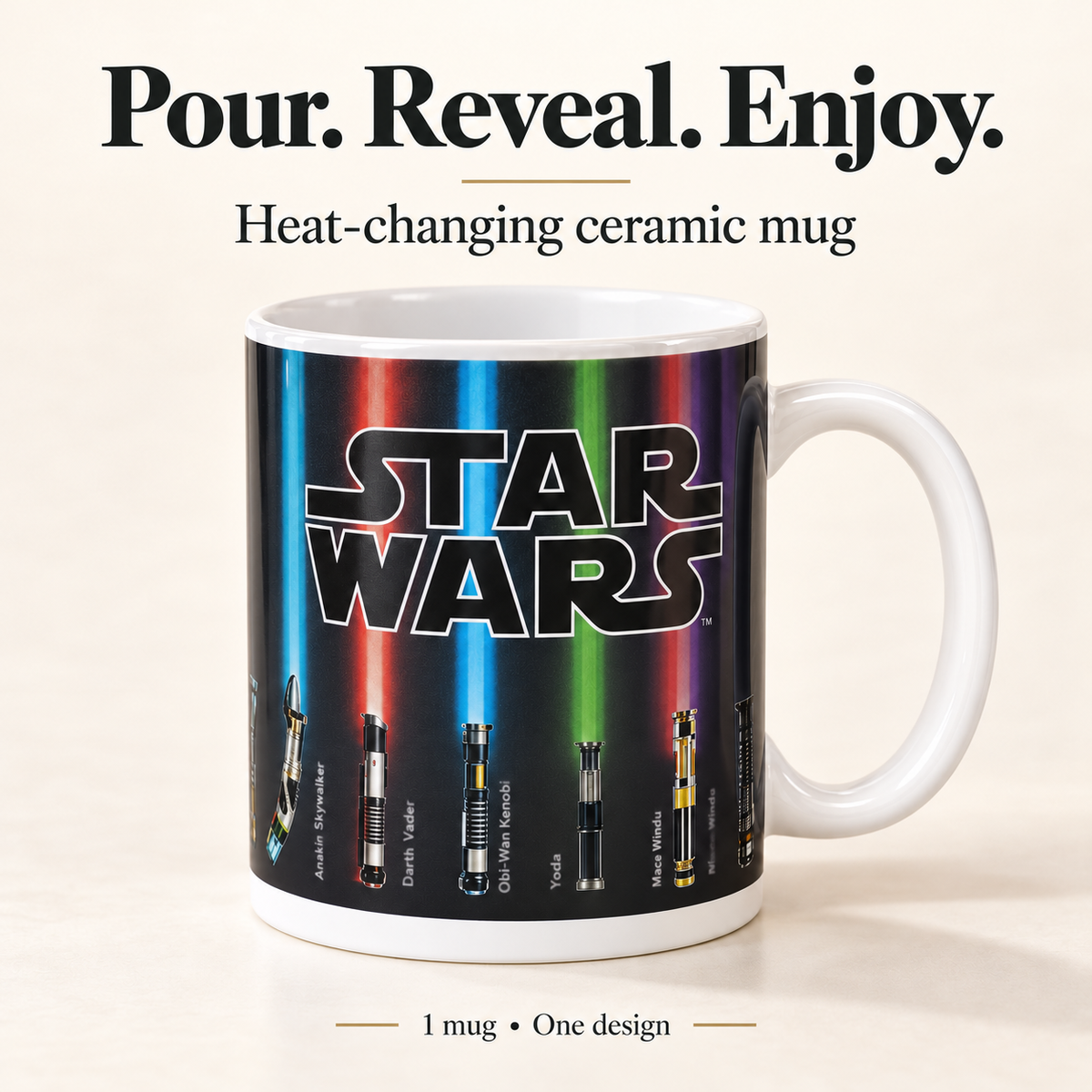 Single heat-changing ceramic mug with a multicolor print, white interior and curved handle.