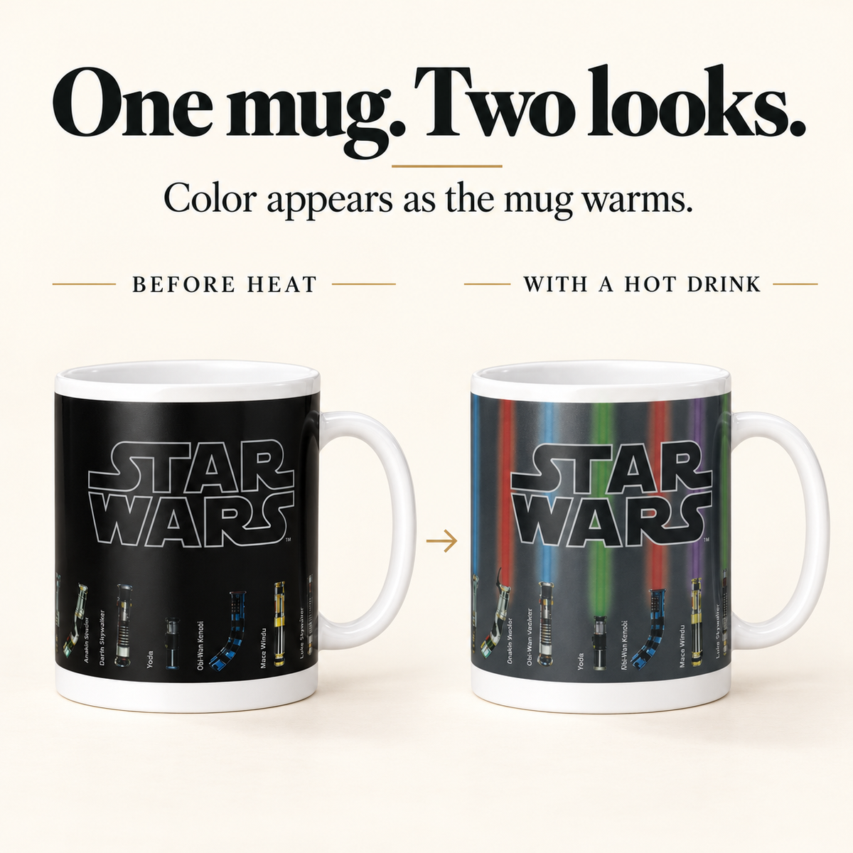 The same mug design shown before heating and after warming with a hot drink; one mug included.
