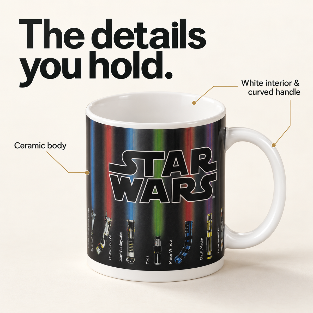 Ceramic mug with a white interior, white rim and curved white handle.