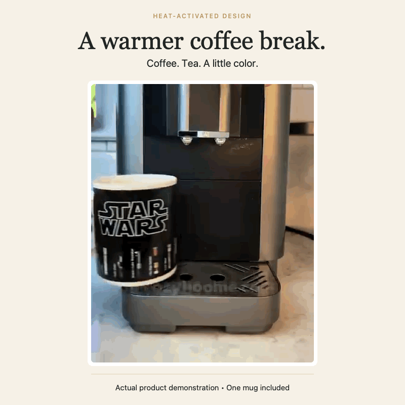 Actual video of a heat-sensitive ceramic mug filling with coffee and revealing its colorful print.