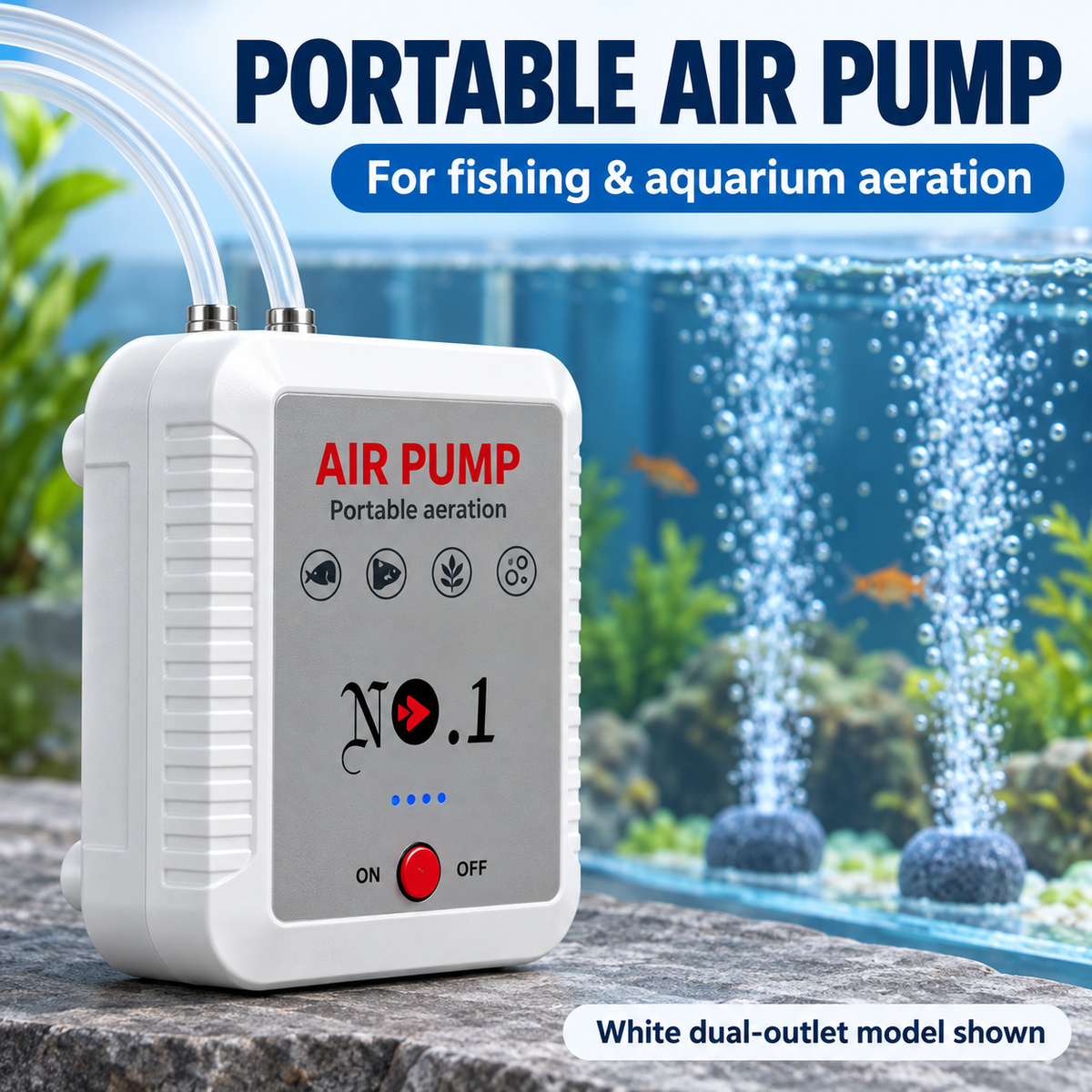 White dual-outlet rechargeable air pump shown beside an aquarium