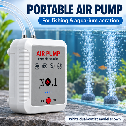 White dual-outlet rechargeable air pump shown beside an aquarium