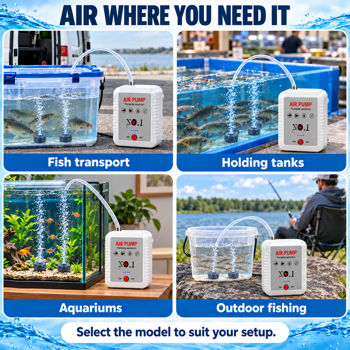 Air pump use cases: fish transport, holding tanks, aquariums and outdoor fishing