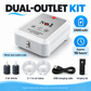White dual-outlet kit with two air stones, two air tubes, USB charging cable and hanging clip