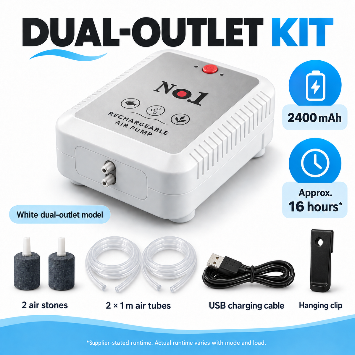 White dual-outlet kit with two air stones, two air tubes, USB charging cable and hanging clip