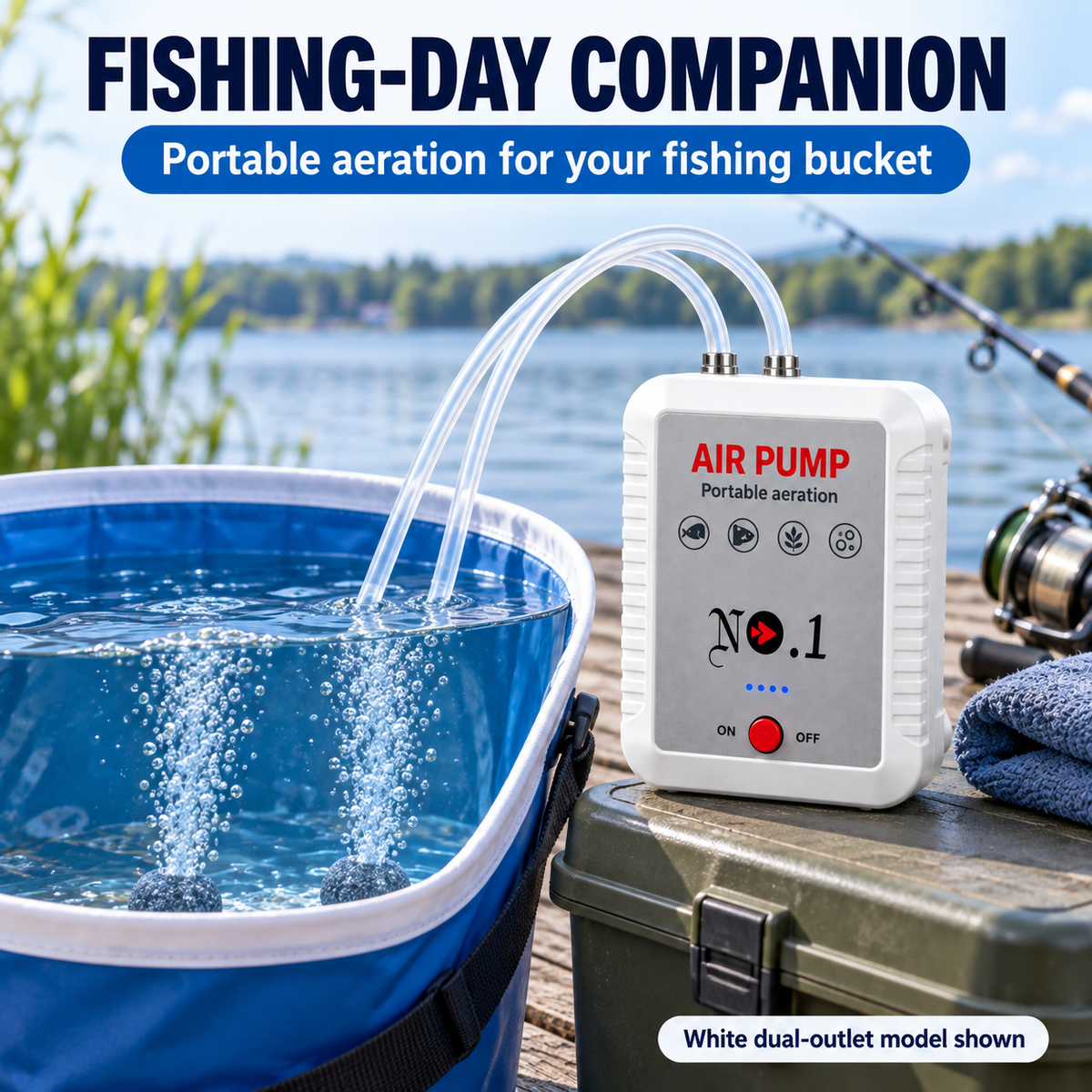 White dual-outlet air pump outside a fishing bucket beside a lake
