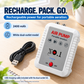 White dual-outlet rechargeable air pump and its USB charging cable on a dry workbench