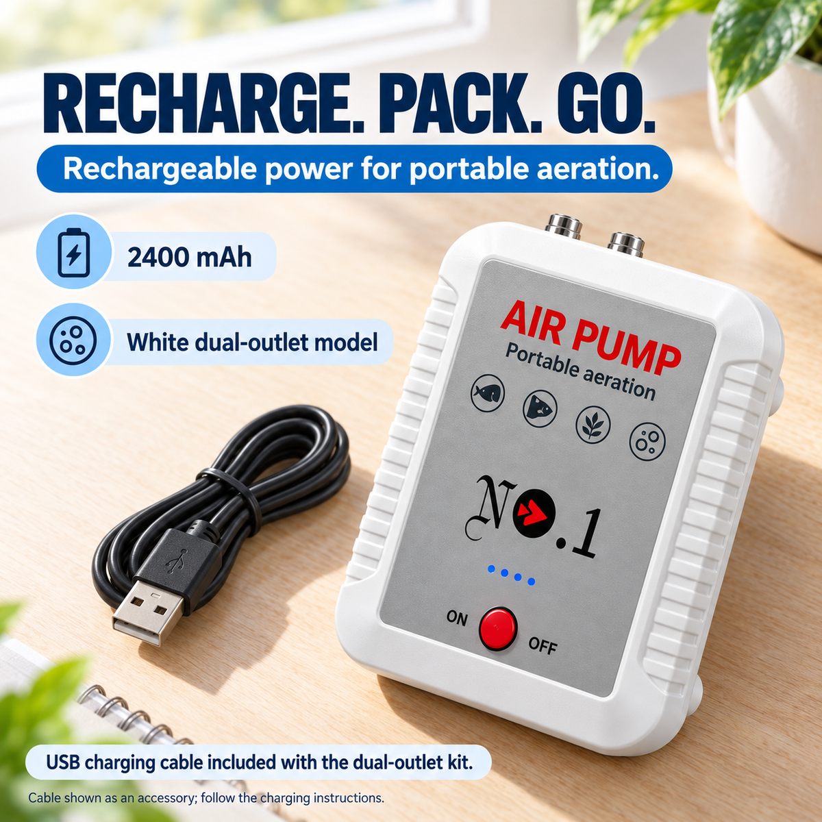 White dual-outlet rechargeable air pump and its USB charging cable on a dry workbench