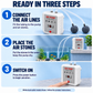 Three-step white dual-outlet air pump setup: connect tubing, place air stones and switch on