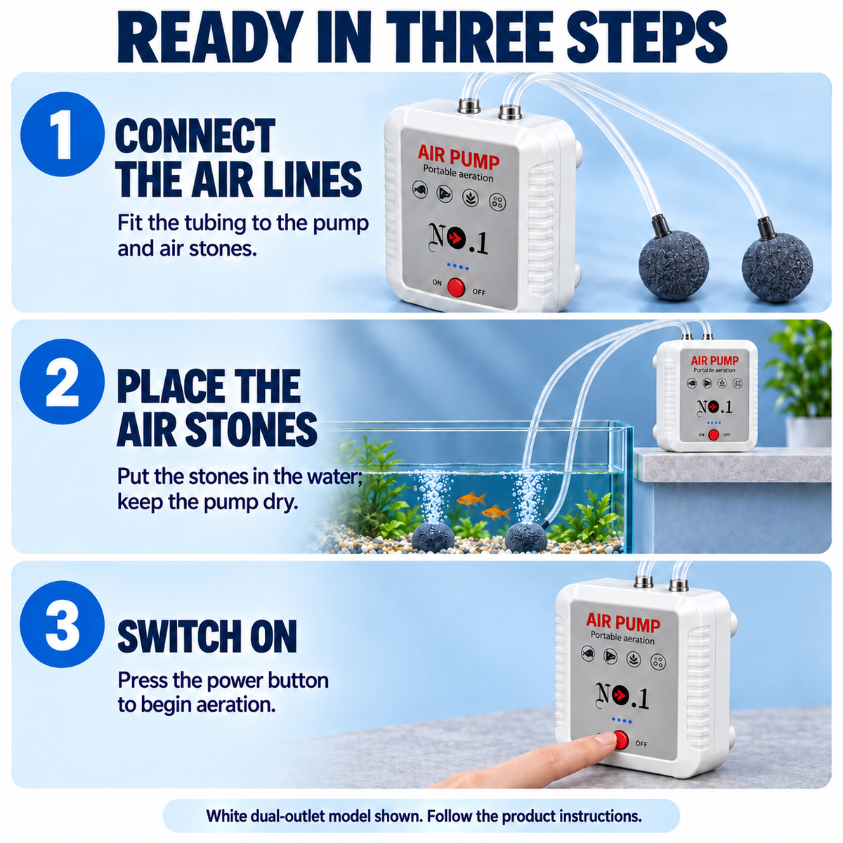 Three-step white dual-outlet air pump setup: connect tubing, place air stones and switch on