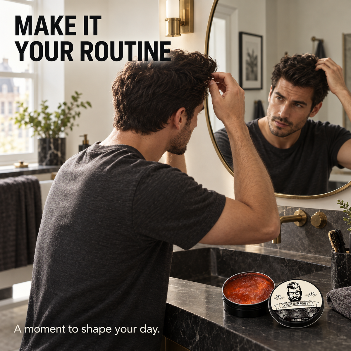 A man styling his hair at a bathroom mirror with hair wax on the counter