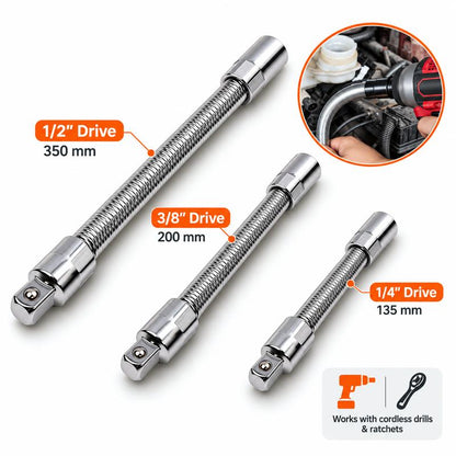 🔩50% OFF NOW! Flexible Universal Joint Socket Adapter Set, 1/4" 3/8" 1/2" Drive Spring-Loaded Extension Bars, Bendable Socket Extender for Ratchets & Cordless Drills, Access Tight Spaces