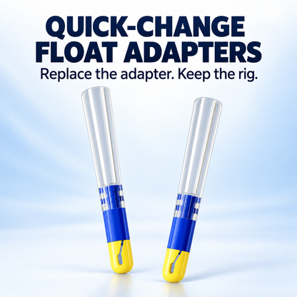 CHUAN.ZE quick-change fishing float adapter with a yellow threaded cap, blue connector and clear sleeve.