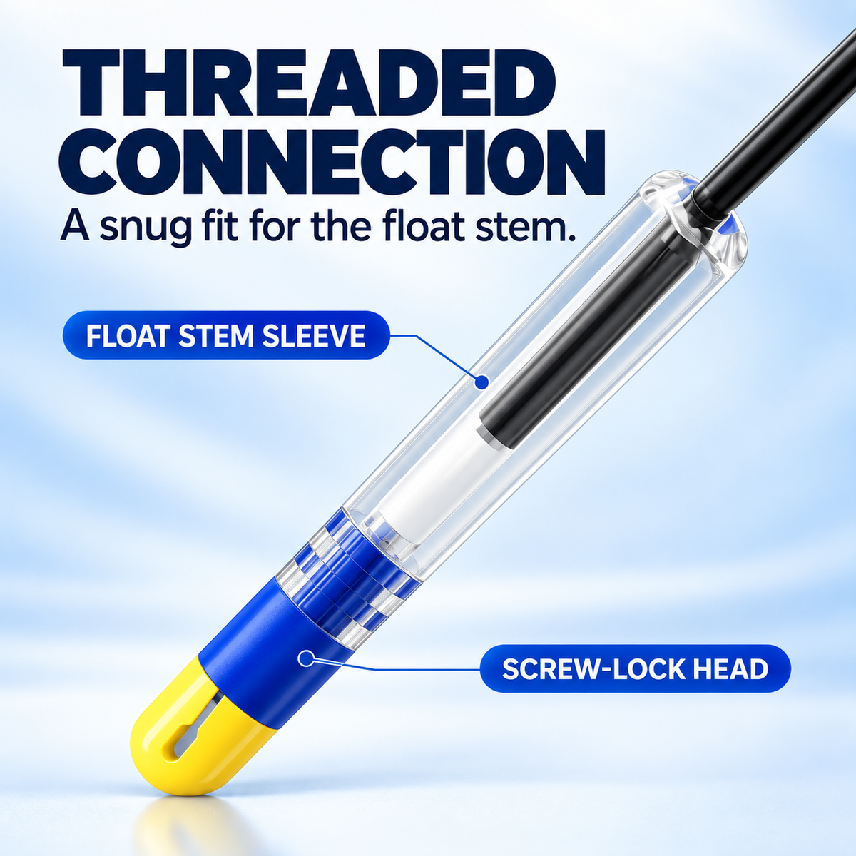 Close-up of the float adapter connection and clear sleeve for gripping a compatible float stem.