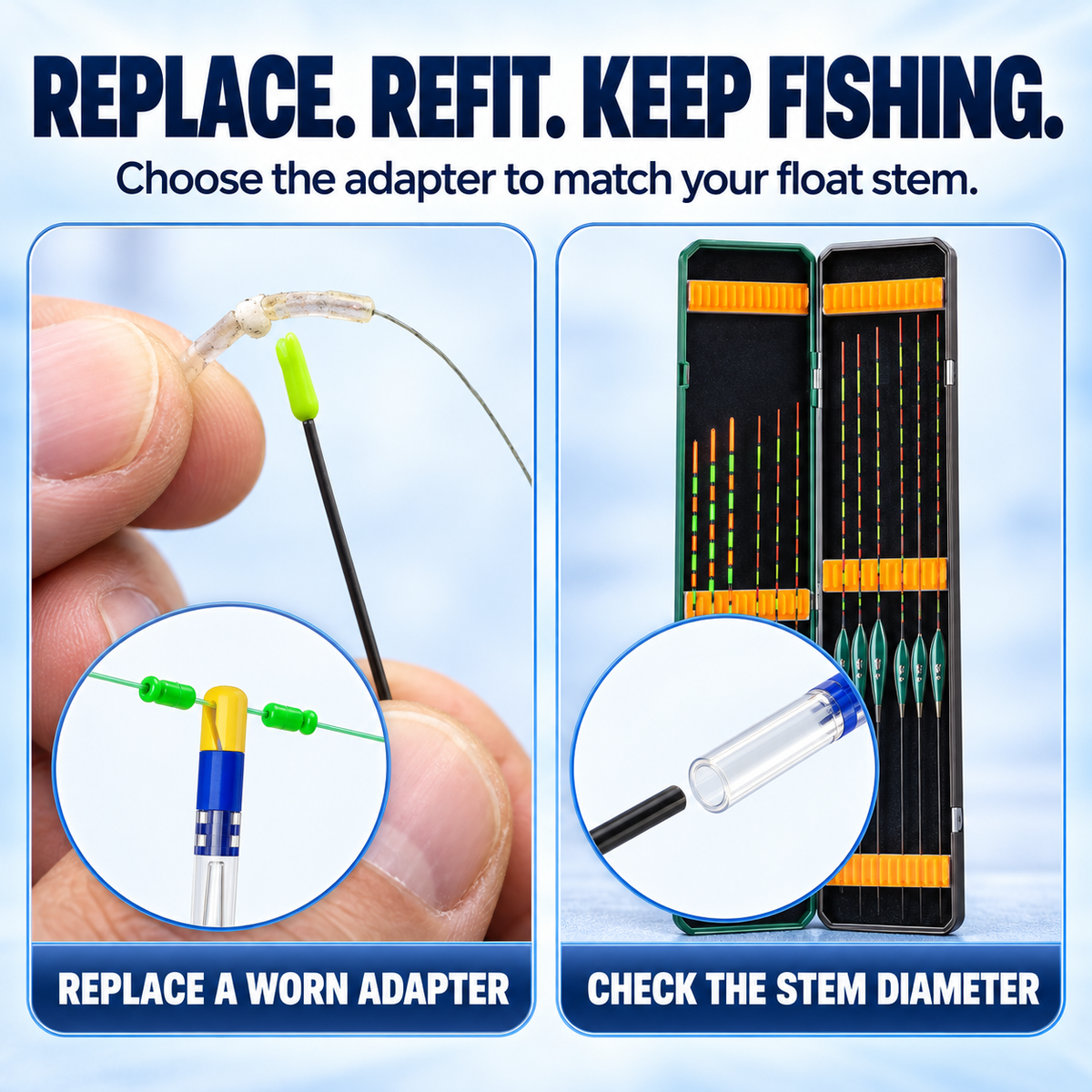 Quick-change adapter shown as part of a compatible fishing float setup.