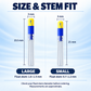 Size guide: Small is 21 by 3 mm for 0.7–1.2 mm float stems; Large is 23.5 by 3 mm for 1.0–1.5 mm float stems.
