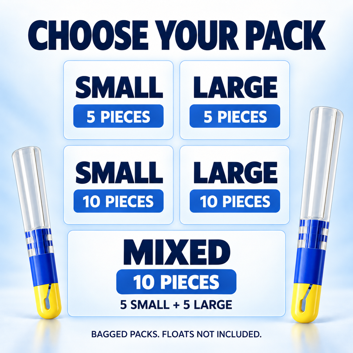 Five bagged pack options: Small 5 pieces, Large 5 pieces, Small 10 pieces, Large 10 pieces, or Mixed 10 pieces with 5 Small and 5 Large. Floats not included.