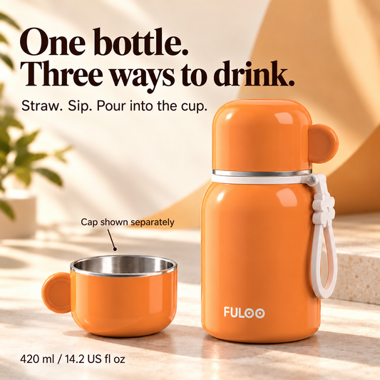 Sunset Orange FULOO 420 ml travel bottle with its cup cap shown separately to demonstrate the cup function.