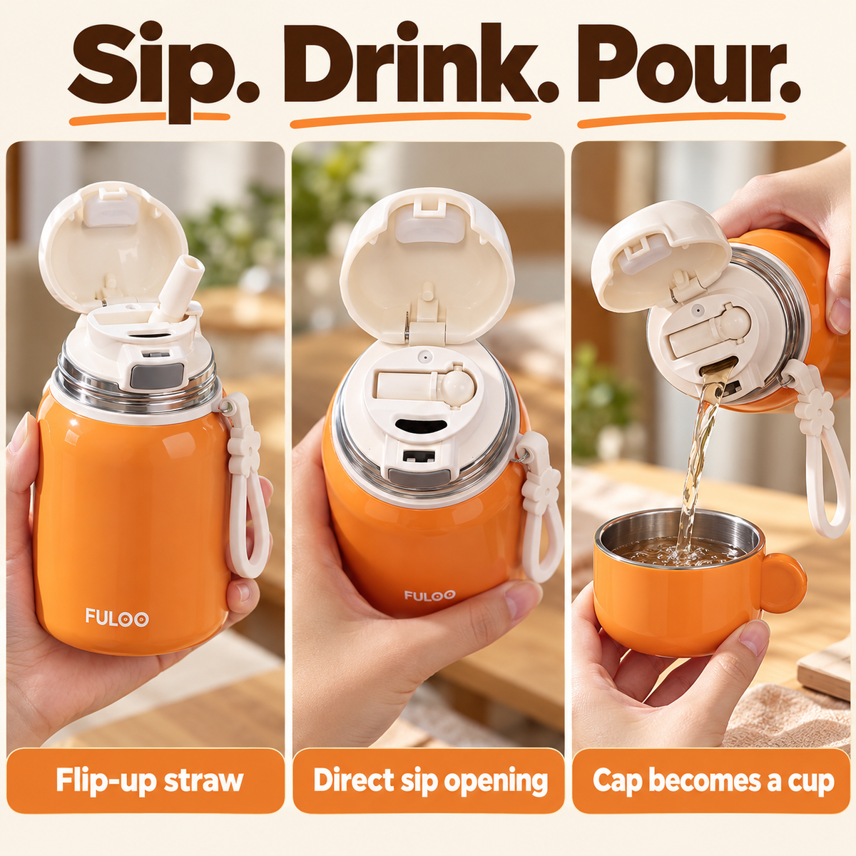 Three ways to use the orange FULOO bottle: raised straw, direct sip opening, and pouring into the cap cup.