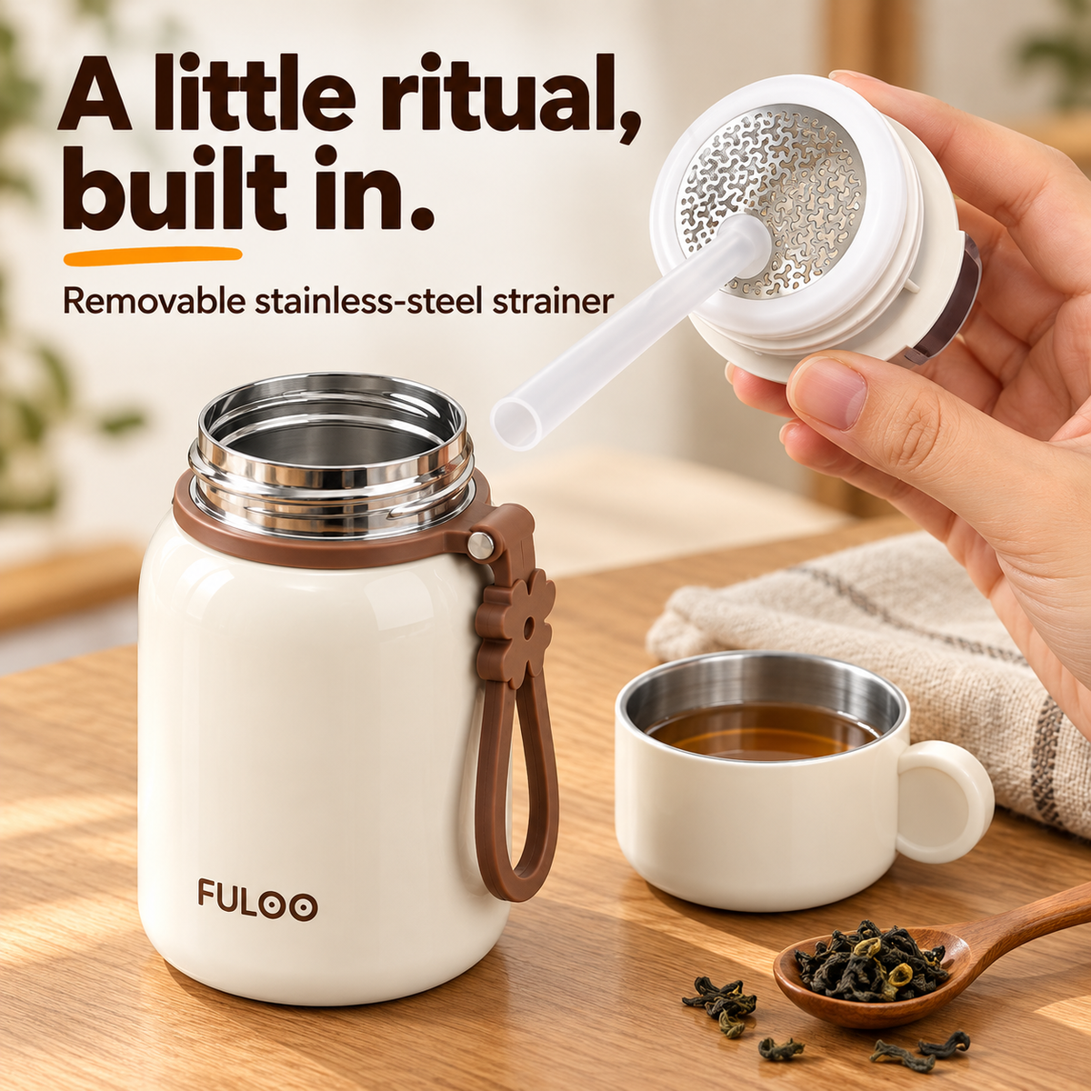 Milk White FULOO bottle with the inner lid removed, showing the flat stainless-steel strainer and attached long straw beside its cap cup.