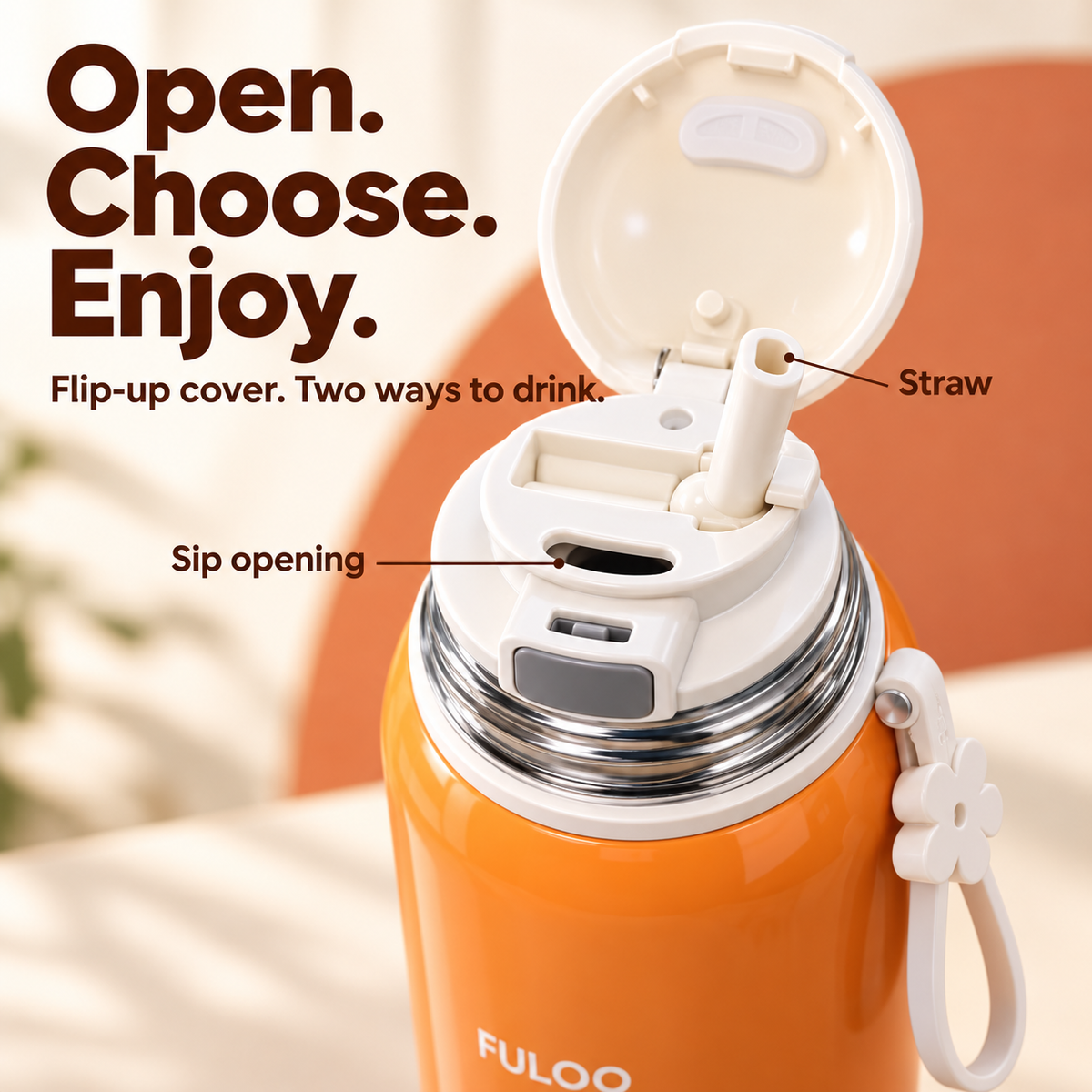 Close-up of the orange FULOO bottle's open inner lid, with labeled flip-up straw and separate oval sip opening.