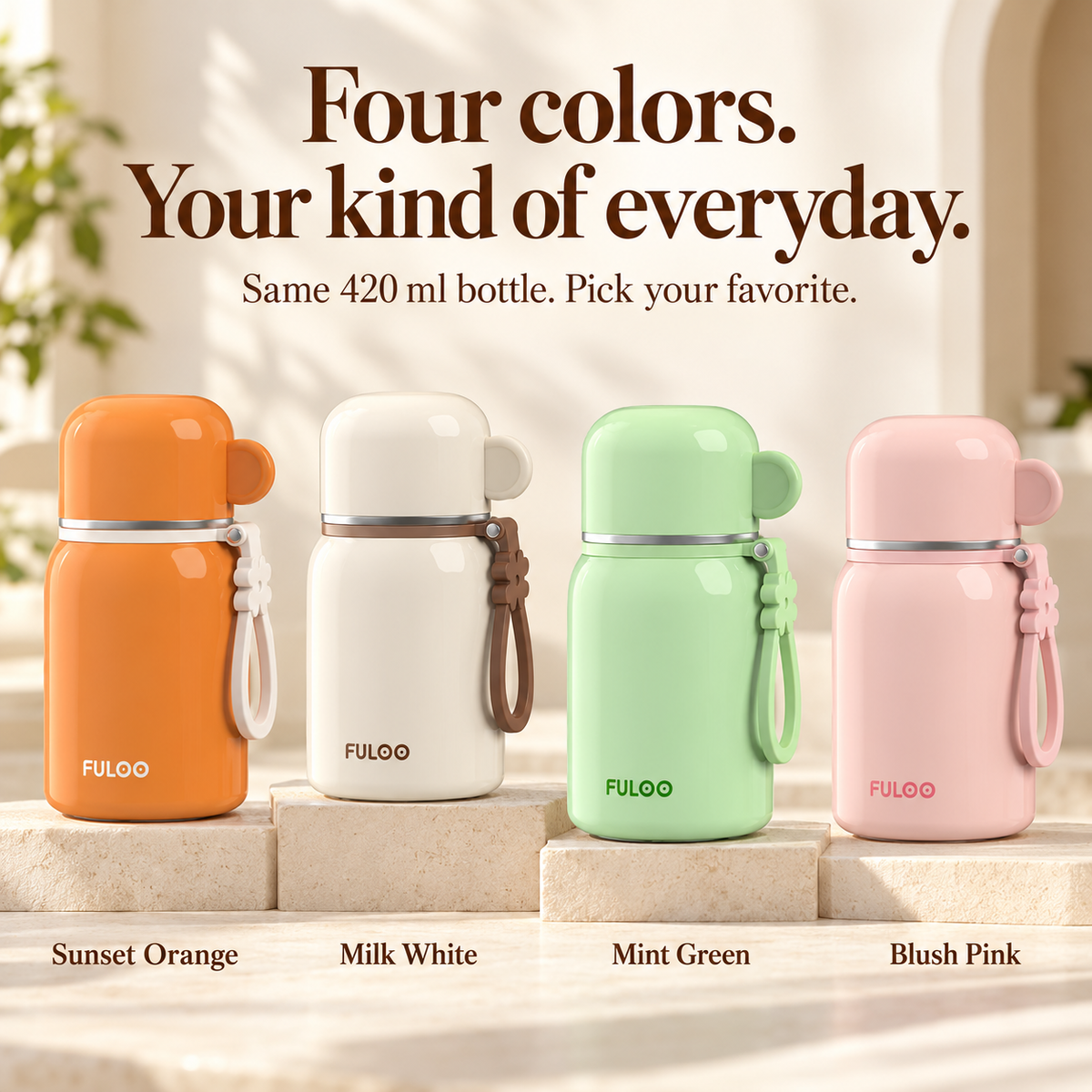 FULOO 420 ml travel bottles in Sunset Orange, Milk White, Mint Green and Blush Pink.