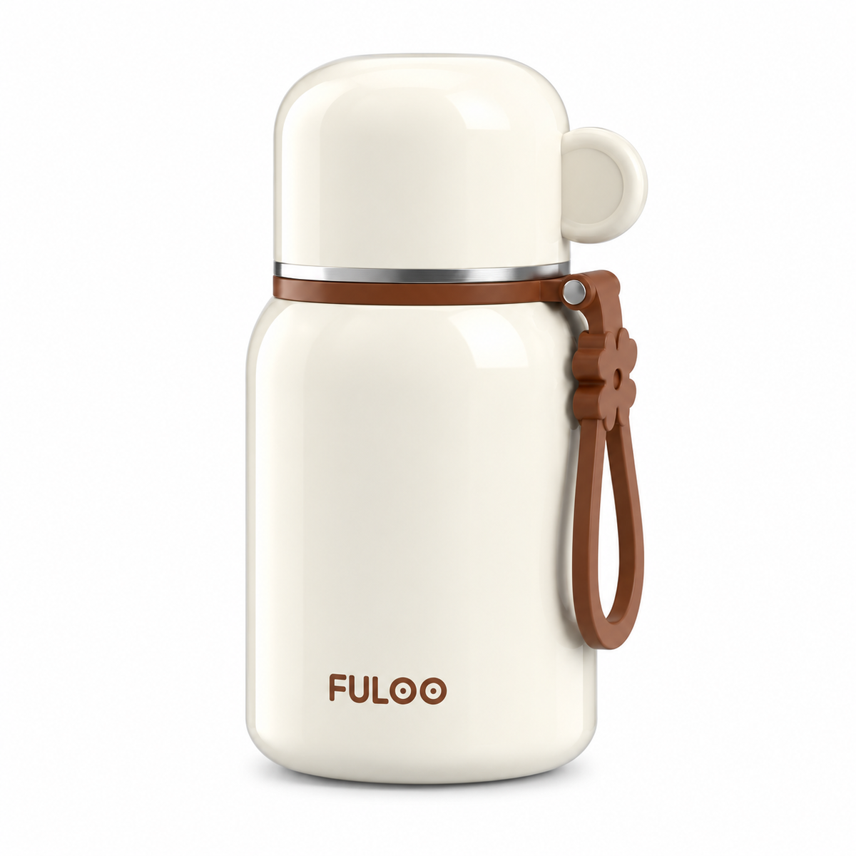 Milk White FULOO 420 ml bottle with a closed round-ear cap, silver neck ring and brown wrist loop on a white background.