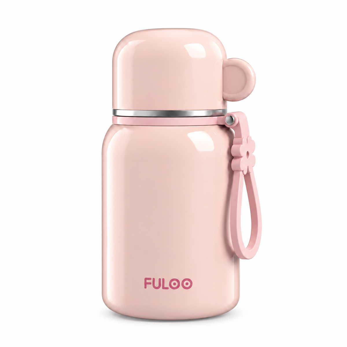 Blush Pink FULOO 420 ml bottle with a closed round-ear cap, silver neck ring and matching pink wrist loop on a white background.