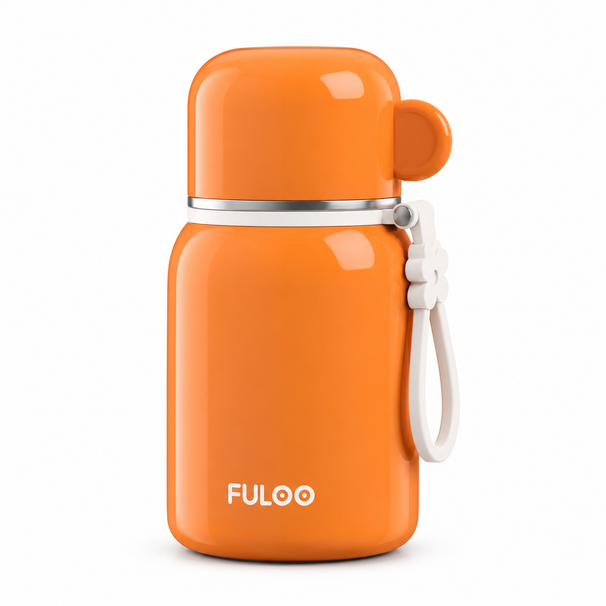 Sunset Orange FULOO 420 ml bottle with a closed round-ear cap, silver neck ring and white wrist loop on a white background.
