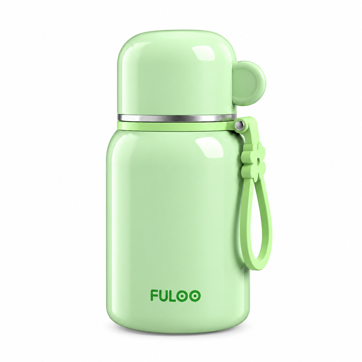 Mint Green FULOO 420 ml bottle with a closed round-ear cap, silver neck ring and matching green wrist loop on a white background.