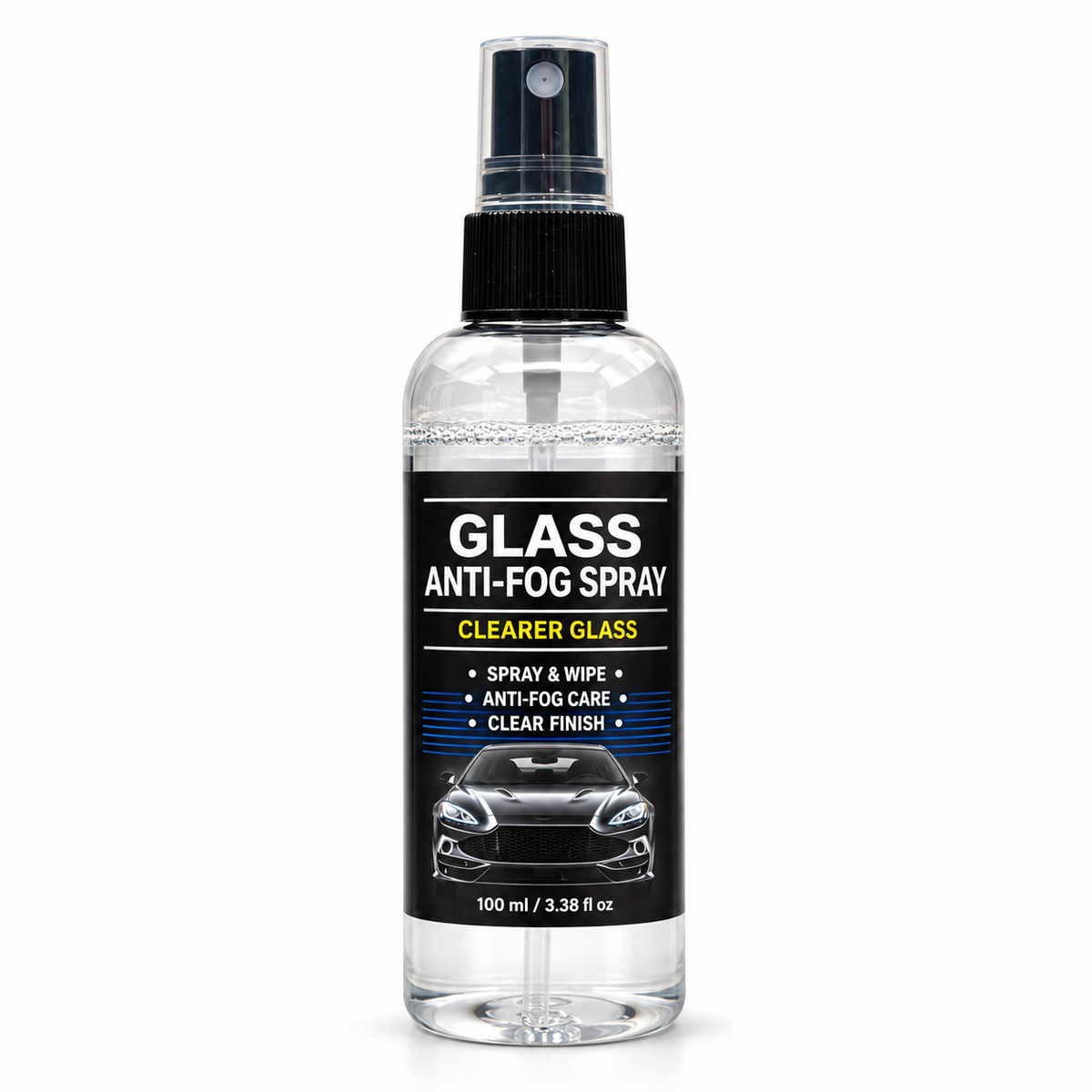 Glass anti-fog spray, 100 ml bottle with pump sprayer and English label on a white background