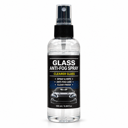 Glass anti-fog spray, 100 ml bottle with pump sprayer and English label on a white background