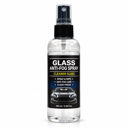 Glass anti-fog spray, 100 ml bottle with pump sprayer and English label on a white background