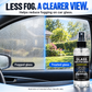 Illustrated anti-fog comparison of fogged and treated car glass. Results vary.