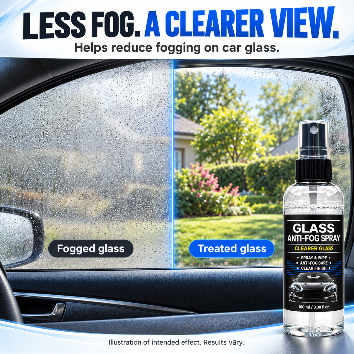 Illustrated anti-fog comparison of fogged and treated car glass. Results vary.