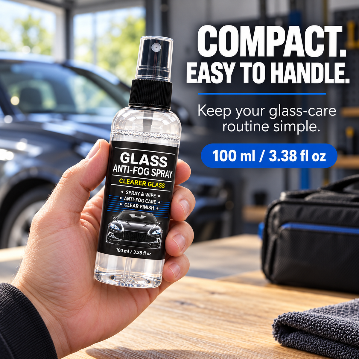 Compact 100 ml glass anti-fog spray bottle held in one hand