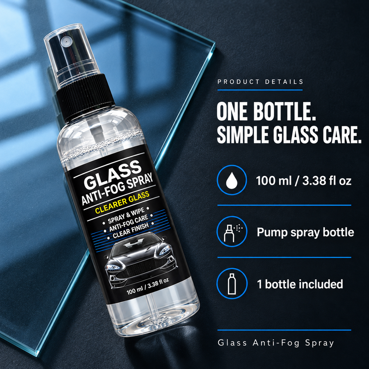 Glass anti-fog spray product details: 100 ml, pump sprayer, one bottle