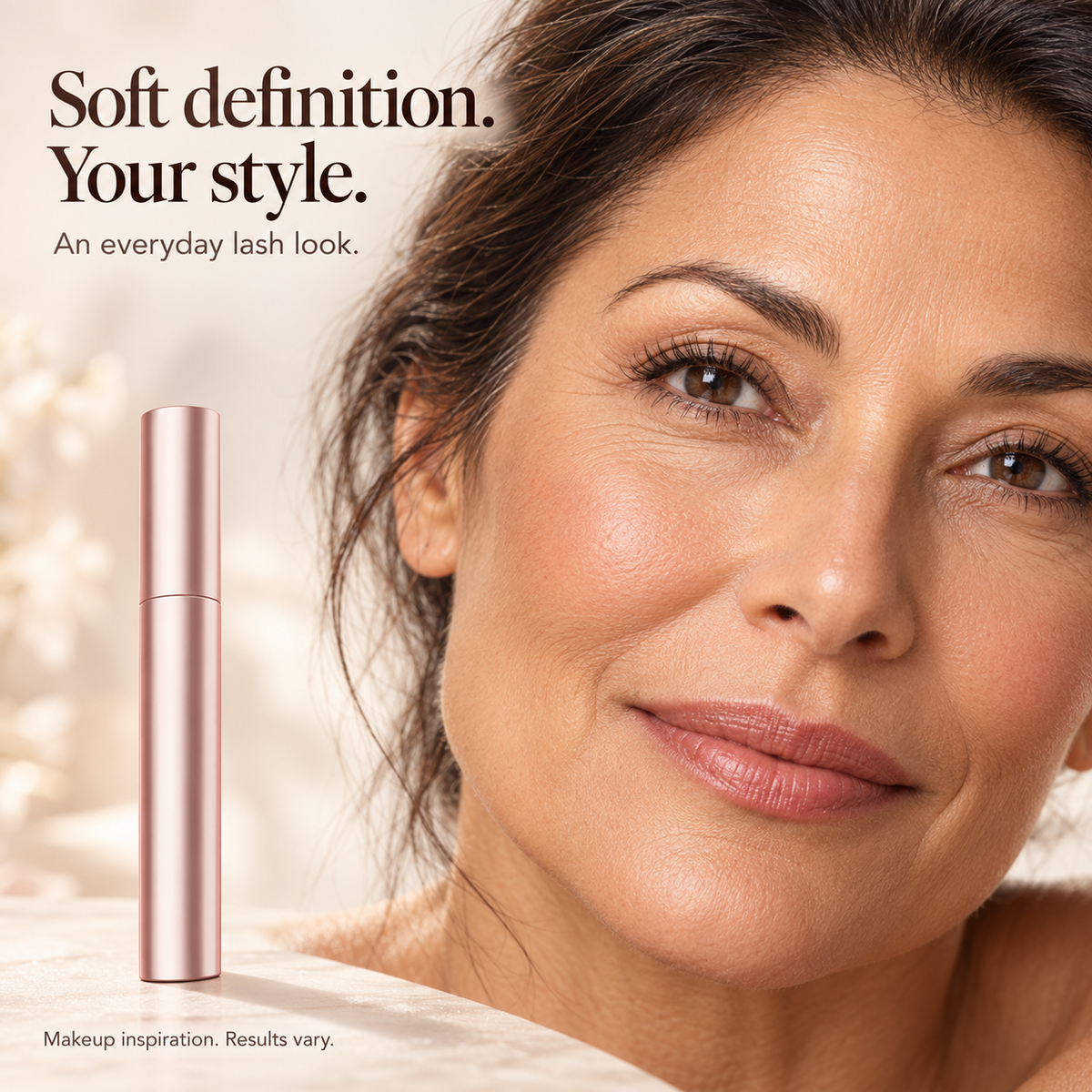 Natural adult eye makeup inspiration with rose-gold comb mascara