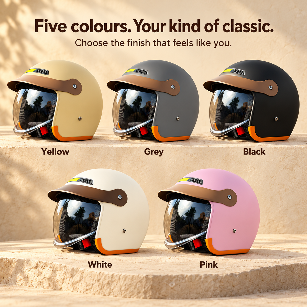 Motorcycle helmet colour options: Yellow, Grey, Black, White and Pink.
