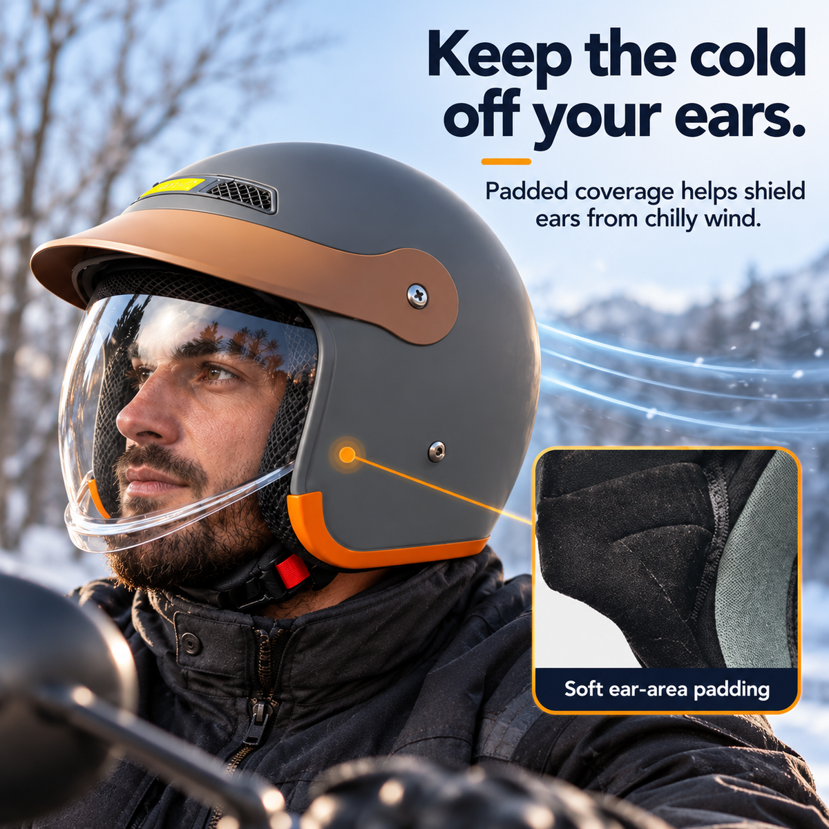 Grey motorcycle helmet worn over the ears, with a close-up of soft ear-area padding for cold weather.