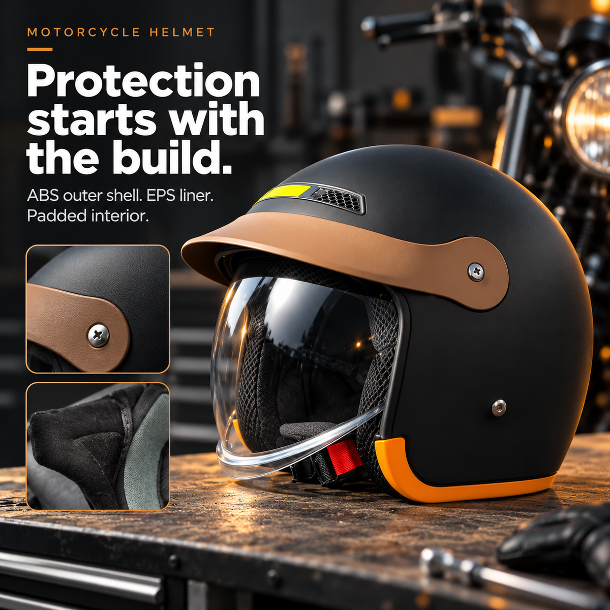 Black motorcycle helmet showing the ABS shell, EPS liner and padded interior features.