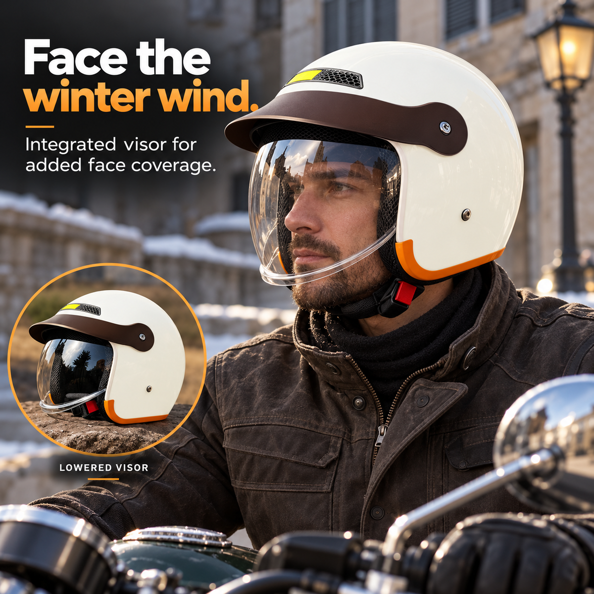 Rider wearing the White motorcycle helmet with the clear integrated visor lowered for added face coverage.