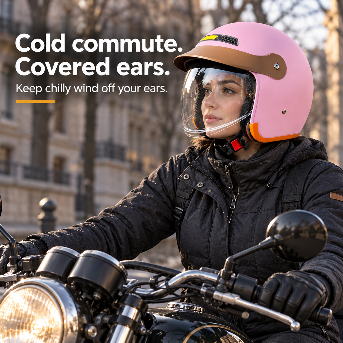 Woman wearing the Pink motorcycle helmet with ears covered and chin strap secured on a parked motorcycle.
