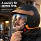 Close-up of a rider checking the fastened chin strap on the Black open-face motorcycle helmet.