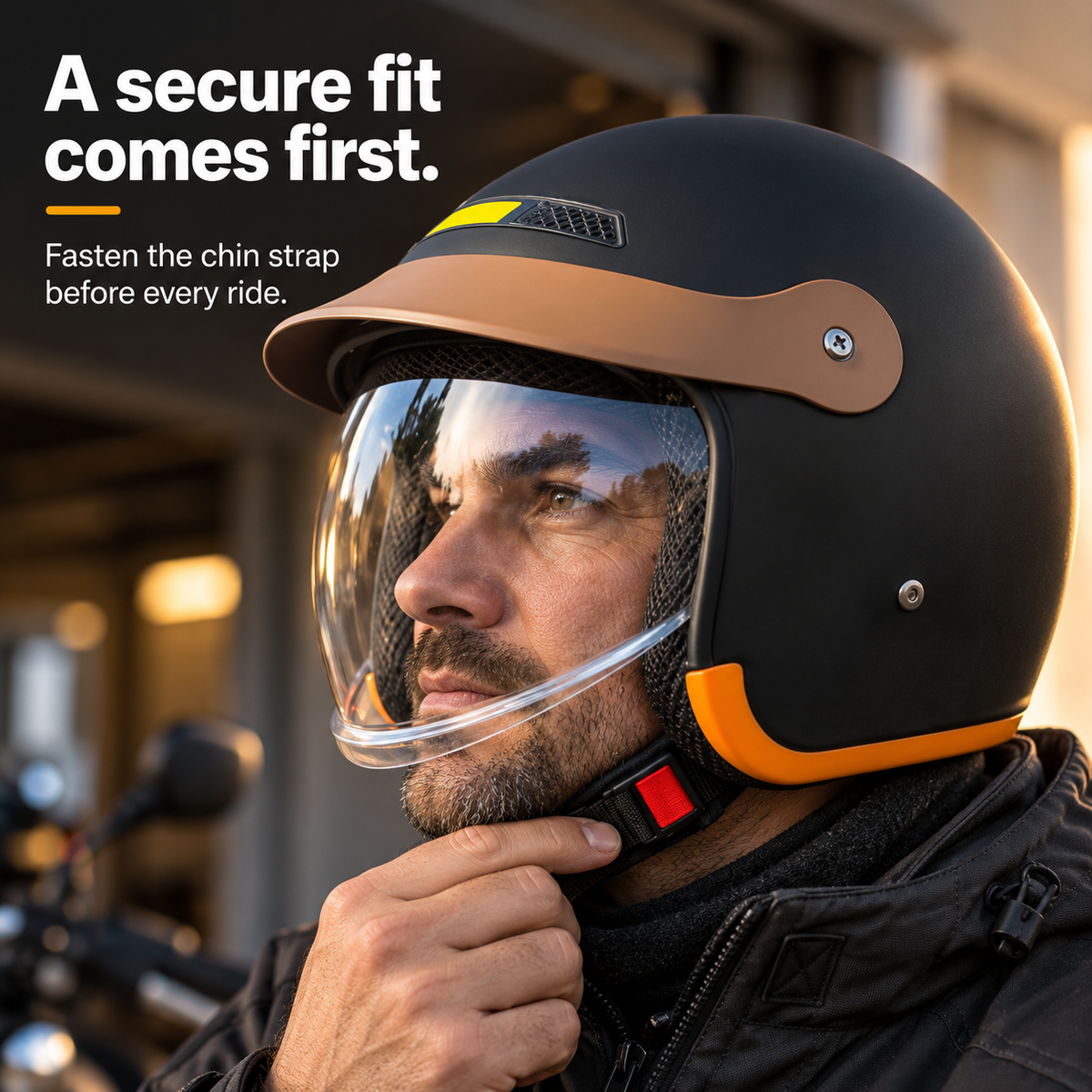 Close-up of a rider checking the fastened chin strap on the Black open-face motorcycle helmet.